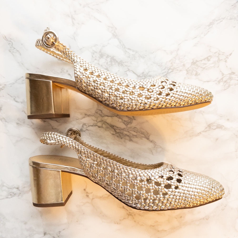 NWT J.Crew Gold woven slingback heels 10